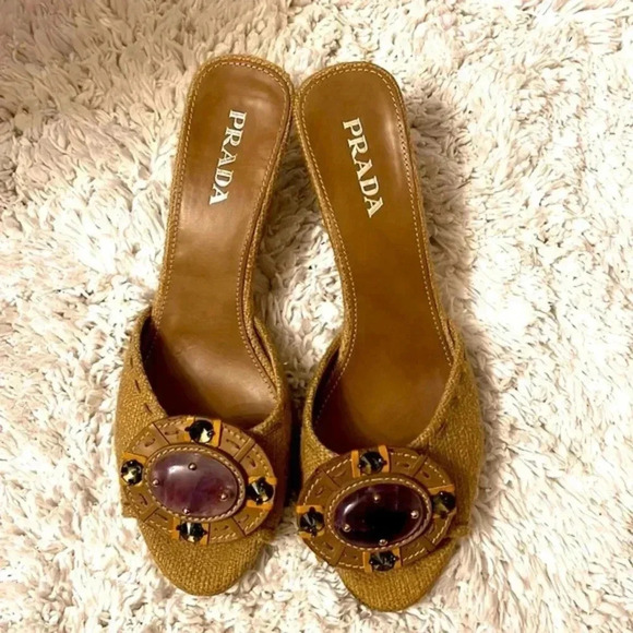 PRADA Calzature Donna Canvas Stone Embelished Wedge  Sandals size 37.5 /7 - Picture 2 of 7